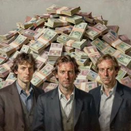 three men in the front and many stacks of money in the back, pile of money, highly detailed oil painting by francis bacon, edward hopper, adrian ghenie, glenn brown, soft light, 4 k,