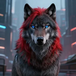 portrait of male anthropomorphic dark gray wolf, long red hair, blue eyes, in a futuristic city, hyper detailed, digital art, trending in artstation, cinematic lighting, studio quality, smooth render, unreal engine 5 rendered, octane rendered, 1 : 1 aspect ratio