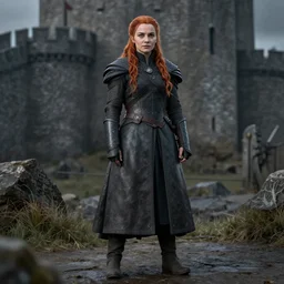 full body portrait of sansa stark, detailed, exquisite, at winterfell, artstation