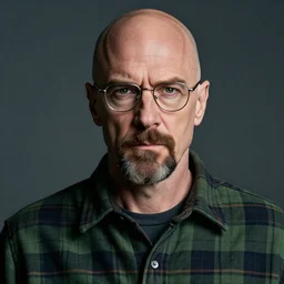 A bald Bryan Cranston with a stern facial expression, with navigator shaped glasses, a goatee and mustache, and wearing a green flannel shirt, portrait, realistic, hyperrealistic, 4k resolution, 8k resolution, HD Quality, highly detailed, very detailed, detailed, studio quality lighting, dramatic lighting, real life