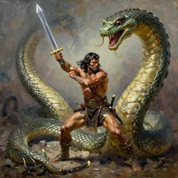 oil painting by frank frazetta and artgerm, conan fighting against a giant snake, armed with a steel sword, he is alone, hd mid shot, detailed, correct anatomy, in the style of frank frazetta