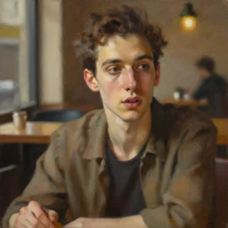 detailed portrait of a person at a cafe, ethnic, realistic face, sculpted features, thin and statuesque, having a conversation, warm glow, radiant, bathed in light, chiaroscuro, specular highlights, painterly, natural color scheme, earthy tones, modern fashion, contemporary art, oil on canvas