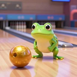 ground level wide angle shot of a cute frog bowling with a golden metal ball, concept art, by esao andrews, by m. w. kaluta, by pixar, volumetric light, rich colors, very humorous!!!, realistic reflections, smooth, depth perception, shallow depth of field, 4 k, unreal engine 5, artstation