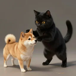a black cat is playing with a shiba dog, highly detailed, digital painting, artstation, concept art, movie still, smooth, sharp focus uhd 8 k