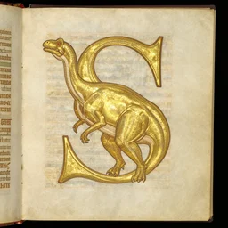 a gilded page from an illuminated manuscript, depicting a dinosaur intertwined with the letter S, other dinosaurs along the bottom of the page, hand drawn, Master of Imola c. 1275, highly detailed