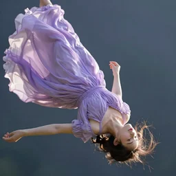 the girl falls down. flying face up. free flight. a very long lavender chiffon dress is blown away in the wind, tender colours, a highly detaile, by chiharu shiotas,, digital art, ultra - realistic