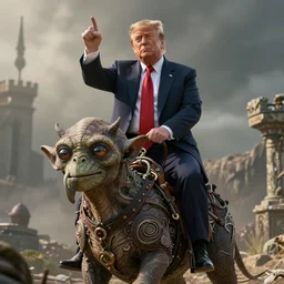 a beautiful photo of donald trump in mordor riding on gollum, intricate details, photography, volumetric light, 8 k