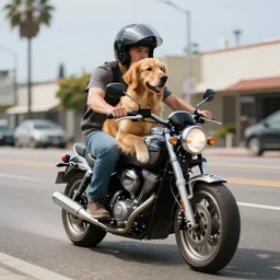golden retriever with a helmet riding on a motorbike through the streets of los angeles, realistic, 4 k, trending on artstation