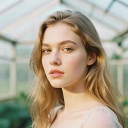 head and shoulder, close up portrait photograph of a beautiful woman inside a greenhouse by mark owen. pastel colors. portra 4 0 0 film. mamiya 7. highly detailed. hq. photoreal. golden hour. raw. in - frame