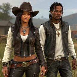 rihanna and travis scott in rdr 2, trending on artstation, hyperdetalied, realistic,