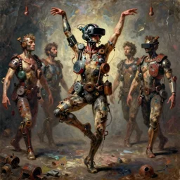junky men ballet dancer, cybertronic gadgets and vr helmet, durty colours, rotten textures, rusty shapes, biotechnology, dariusz zawadzki, tim hildebrandt, wayne barlow, bruce pennington, larry elmore, oil on canvas, luminosity, deep depth field, masterpiece, cinematic composition, hyper - detailed, hd, hdr