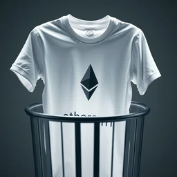 a photo of a white t - shirt with an ethereum logo inside a trash can, product photo, photorealism, contrast lighting, front lit