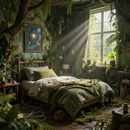 an intricate concept art illustration of an undergrowth cozy bedroom, computer wires, digital art, photorealistic movie still, style ivan talavera and artgerm, radiant lighting, hyper realistic, photorealistic, octane render, trending on artstation, cgsociety, cinematic light, 8 k
