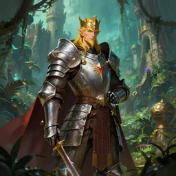greatest elven warrior, heavy plate armor, legendary, prince, colorful, d & d, fantasy, jungle, castle, interesting angle illustration, atmosphere, artstation, highly detailed, art by yuho kim