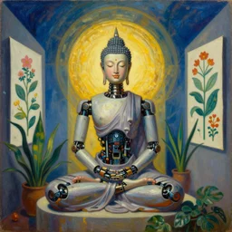 hyperrealistic still life oil painting of android robotic buddhist woman and plants, meditating in a tesseract psychological temple, botanical print by carvaggio surrealism, vivid colors, golden ratio, negative space, minimalist composition, rule of thirds, in style of jugendstil, and maxfield parrish, maurice sendak, by moebius