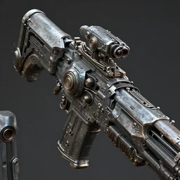 retrofuturistic weapon, close up, quint buchholz, wlop, dan mumford, artgerm, liam brazier, peter mohrbacher, raw, featured on artstation, octane render, cinematic, rugged, intricate, 8 k