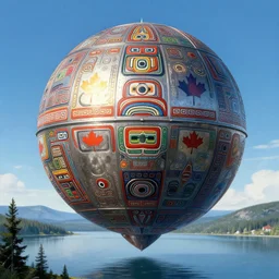 a giant ((((metallic)))) floating sphere covered in canadian colorful aboriginal patterns!! hovering above a Yukon lake, (painted by Ralph McQuarrie), matte painting, very detailed, 1500K, concept art