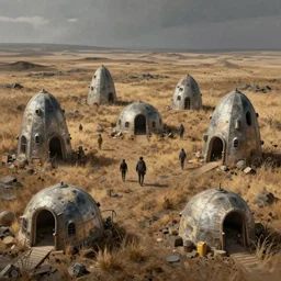 underground climate shelters in the middle of a desolate field by jorge jacinto, death stranding art style, intricate, high detail, digital painting, ultra realistic, cinematic lighting, wide angle cinematography, artstation, 3 5 mm film grain