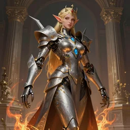 Alluring Elf Princess knight, Futuristic Cyborg goddes. By Frank Lloyd Wright, by  Rembrandt (1667),  concept art, inrincate, sharp focus, digital painting, unreal engine, cgsociety, neoclassical, mech, robot, fractal flame, cinematic, overwatch skin, highly detailded
