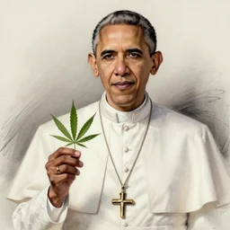 a beautifully painted portrait of barrak obama being the pope holding a marijuana leave in rough charcoal sketch