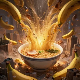 giant bowls of ramen falling into and exploding buildings, dim volumetric lighting, 8 k octane beautifully detailed render, post - processing, extremely hyper - detailed, intricate, epic composition, giant bananas natural disaster, cinematic lighting, masterpiece, trending on artstation, detailed detailed detailed, masterpiece, stunning art by anders zorn, wonderful masterpiece by greg rutkowski, beautiful cinematic light, american romanticism by greg manchess, jessica rossier