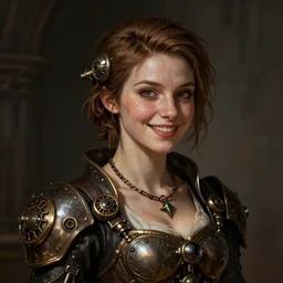 portrait of a beautiful medieval steampunk girl with short brown hair, men's haircut, and smiling, dramatic lighting, illustration by greg rutkowski, yoji shinkawa, 4 k, digital art, concept art, trending on artstation
