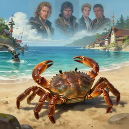 establishing shot of a gigantic crab crawling up from the ocean on a beach towards a village, laser turret attached on crab, dnd character art portrait, matte fantasy painting, deviantart artstation, by jason felix by steve argyle by tyler jacobson by peter mohrbacher, cinematic lighting