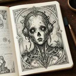 extremely detailed illustration high tech steampunk eerie stylized digital notebook doodles drawings musings art deco with art deco filigree scrollwork 8 k render