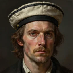 portrait of a rugged man wearing a sailors cap, victorian, concept art, detailed face, fantasy, close up face, highly detailed, cinematic lighting, digital art painting by greg rutkowski
