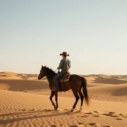 A lonely cowboy riding his horse in the desert