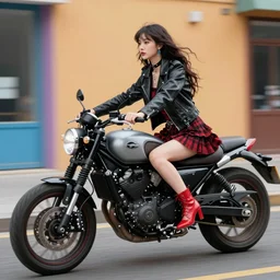 full - length photo, young woman, riding a motorcycle, gothic clothes, red high heels, leather jacket, 4 k, colourful