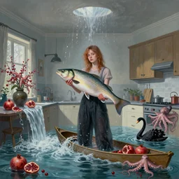 tall emo female artist holding a large fish in her flooded kitchen, pomegranates, octopus, water gushing from ceiling, painting of flood waters inside an artist's apartment, surreal photography, ikebana, zen, rapids, waterfall, black swans, canoe, berries, digital painting, by simon stalenhag and magritte