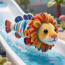 a closeup photorealistic photograph of a colorful knitted barracuda style lion swimming down a water slide. intricate stitching. professional capture. bright scene. this 4 k hd image is trending on artstation, featured on behance, well - rendered, extra crisp, features intricate detail, epic composition and the style of unreal engine.