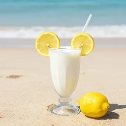 lemon on a beach drinking a milkshake