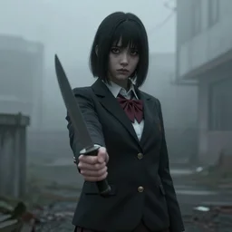 school girl holding a knife, gloomy and foggy atmosphere, octane render, artstation trending, horror scene, highly detailded