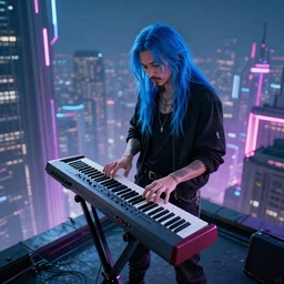 a gender neutral person with long blue hair and a goatee playing a synthesizer. they are standing on the roof of a skyscraper in a futuristic city. octane render, hd, hypermaximalist, photorealistic, neon lights