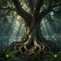 massive lake, massive tree, roots, treant, subtle patterns, intricate texture, highly detailed, alien world, fungal, light shafts, light diffusion, natural, fireflies, magical, ferns, wildlife,