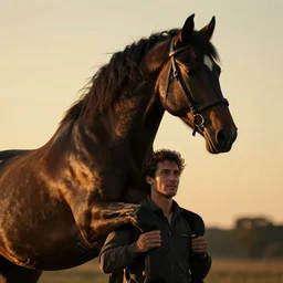 horse subdues on man shoulders, volumetric lighting, beautiful, golden hour, sharp focus, ultra detailed, cgsociety by dali, noir photorealism, film