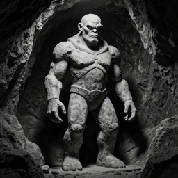 full body portrait of a detailed stone golem inside a cave kvlt by peder balke by peder balke by greg rutkowski, by guido crepax by norman bluhm mystic high contrast monochromatic noir artstation