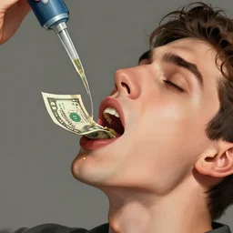 liquid dollar bill dripping from a pipette into a man's mouth, digital illustration, detailed, artsy, talented