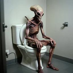 H.R. Giger alien sitting on the toilet. Color photograph from 1990’s color sci-fi film.