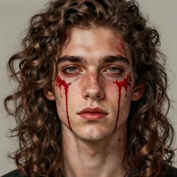 young man with long curly brown hair and lots of red blood dripping down his face , face, detailed, intricate, elegant, highly detailed, digital painting, artstation, concept art, smooth, sharp focus, illustration, art by Krenz Cushart and Artem Demura and alphonse mucha