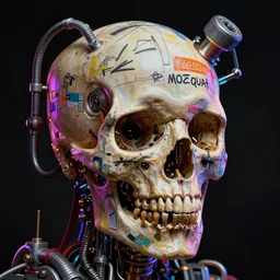 full head portrait of skull basquiat mechanical hydraulics neon highlights painting, intricate details, 3 d, octane 8 k, by moebius and basquiat