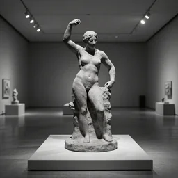 single clay museum sculpture, no pedestal, symbolic representation of contested restraint, in a large hall, ambient lighting, single bright spotlight, greyscale museum catalog photograph