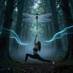 dragonfly doing yoga in dark forest with neon light waves passing between tree stems and fog. fantasy digital art. high detail