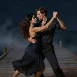 A brunette Colombian woman and a Caucasian man dance intimately on a misty pier at midnight, sensual, romantic, oil painting