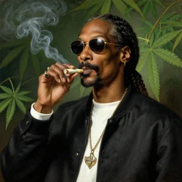 high quality celebrity painting of rap artist snoop dog smoking a joint by the old dutch masters, marijuana leaves in background, rembrandt, hieronymous bosch, frans hals