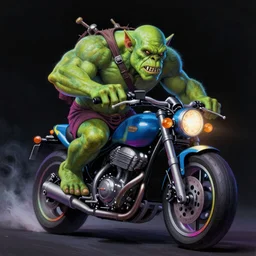 psychedelic blacklight airbrush artwork, hyper stylized action shot of a menacing orc riding a motorcycle, hyper detailed ultra sharp, colorful soft airbrushed artwork, black background, digital painting, smooth, sharp focus, cgsociety, artstation