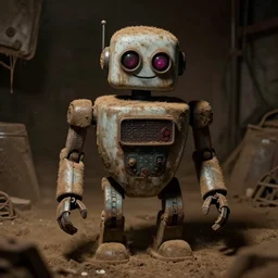 photo of an old dirty robot looking at the camera and smiling with a creepy face in a basement by Greg Rutkowski, dark, creepy, horror, disgusting, dust, brown scheme color, uncanny valley