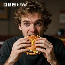 bbc news, a horrible man eating hamburger in the macdonald.